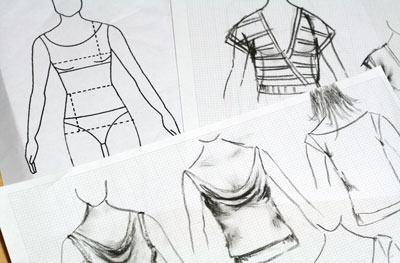 Design ideas sketched using fashion templates